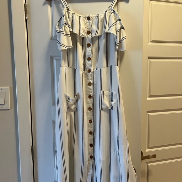 Striped Button Up Off The Shoulder Dress Women’s M - Picture 2 of 8